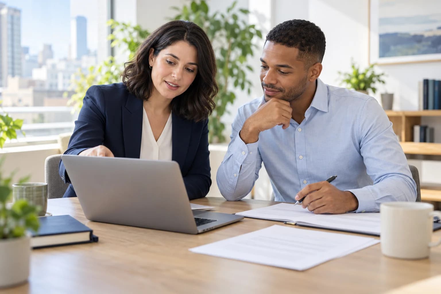 Two professionals working together at a laptop with documents in a bright office.