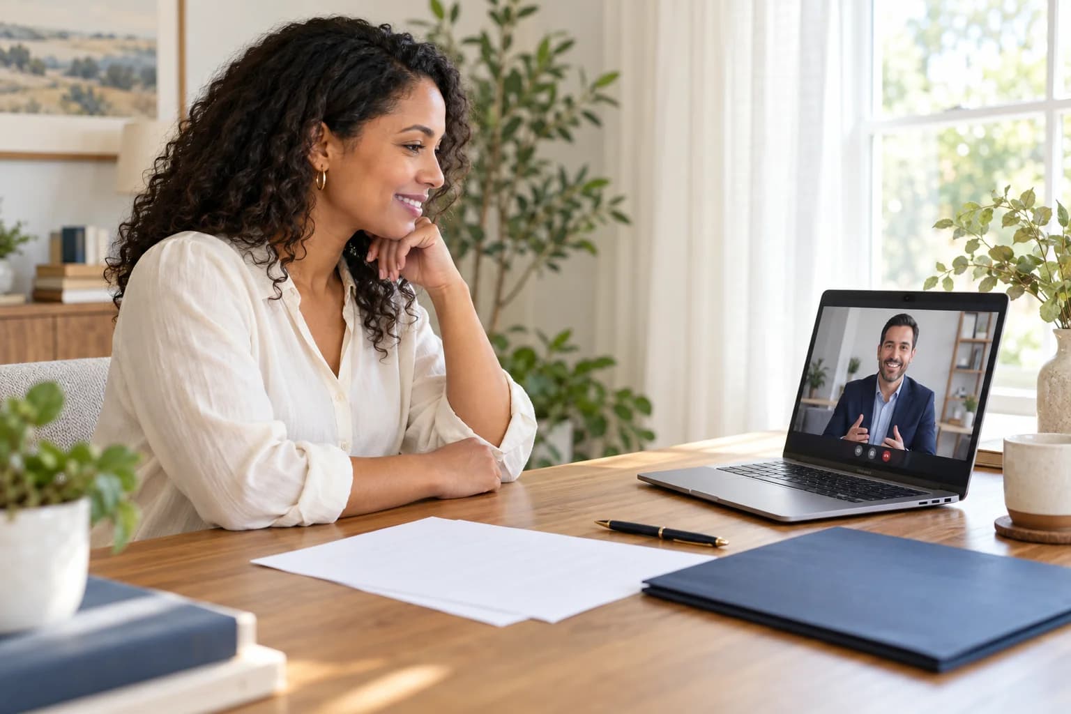 A client at her home desk speaking with a professional by video, with unsigned paperwork beside her laptop.